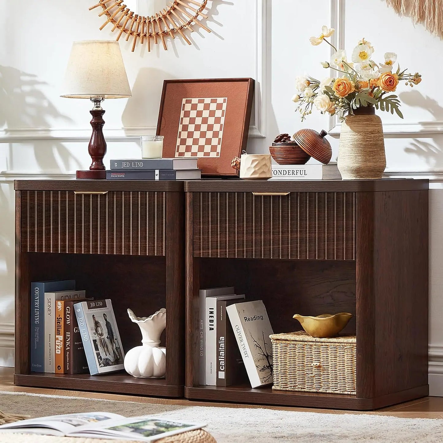 Fluted Farmhouse Nightstand Set Of 2 With Charging Station