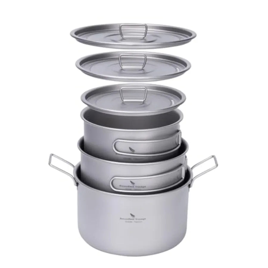 Titanium Camping Pots Set With Lids Foldable Handles Lightweight