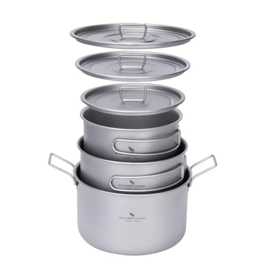 Titanium Camping Pots Set With Lids Foldable Handles Lightweight
