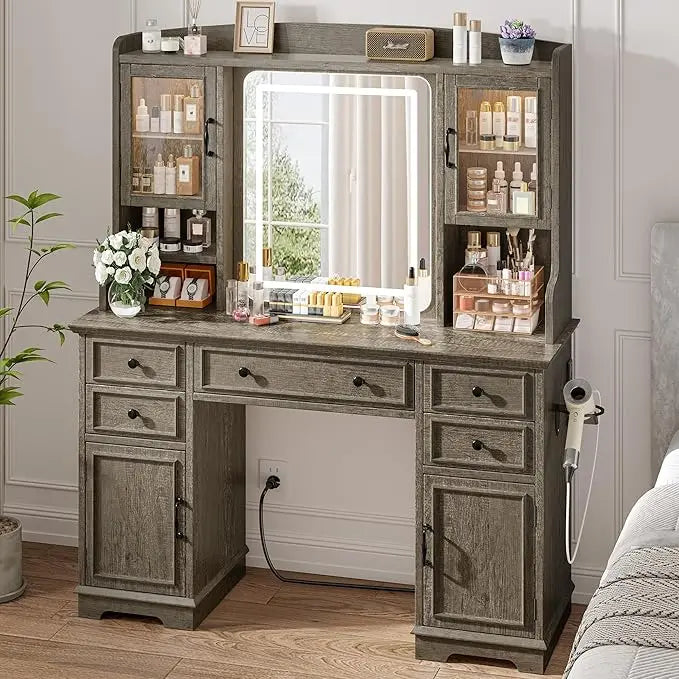 Farmhouse Vanity Desk With LED Mirror And RGB Storage