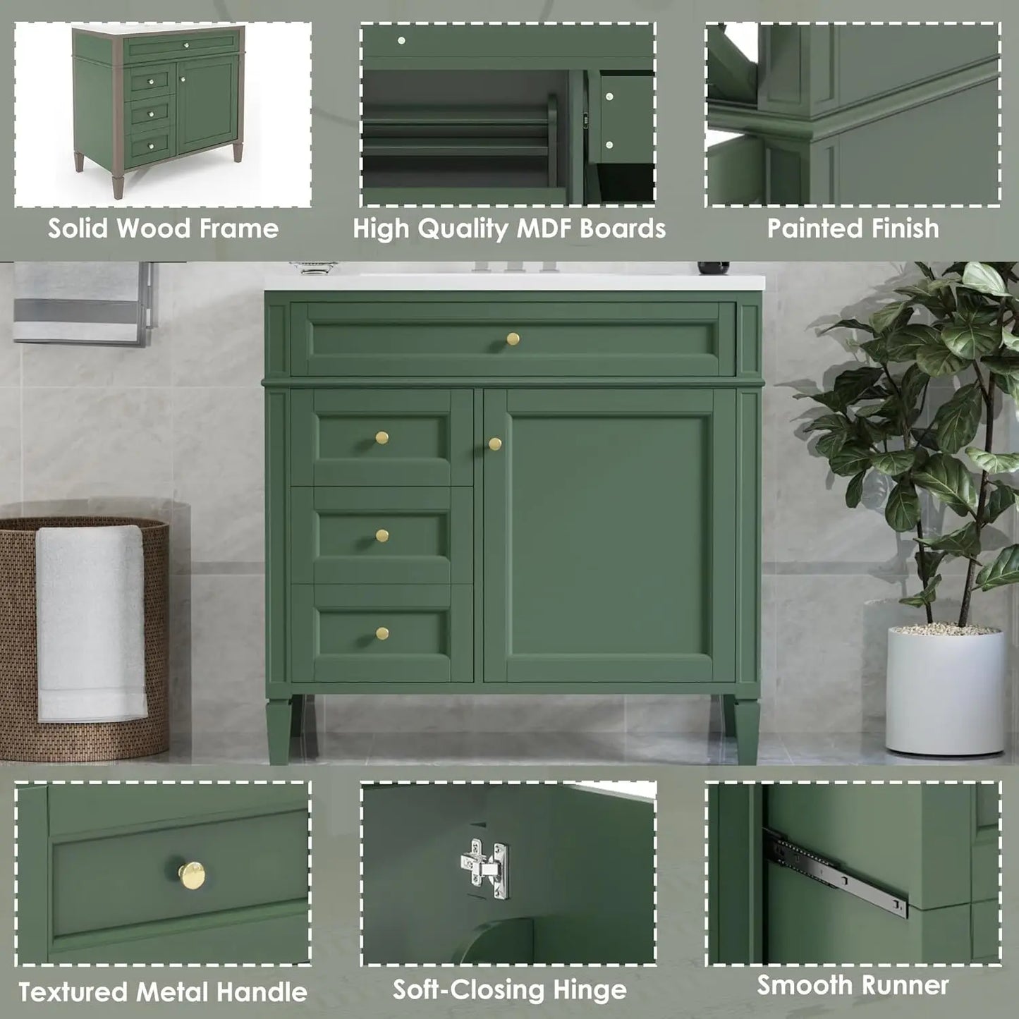Solid Wood Bathroom Vanity With Soft-Close Doors And Undermount Sink