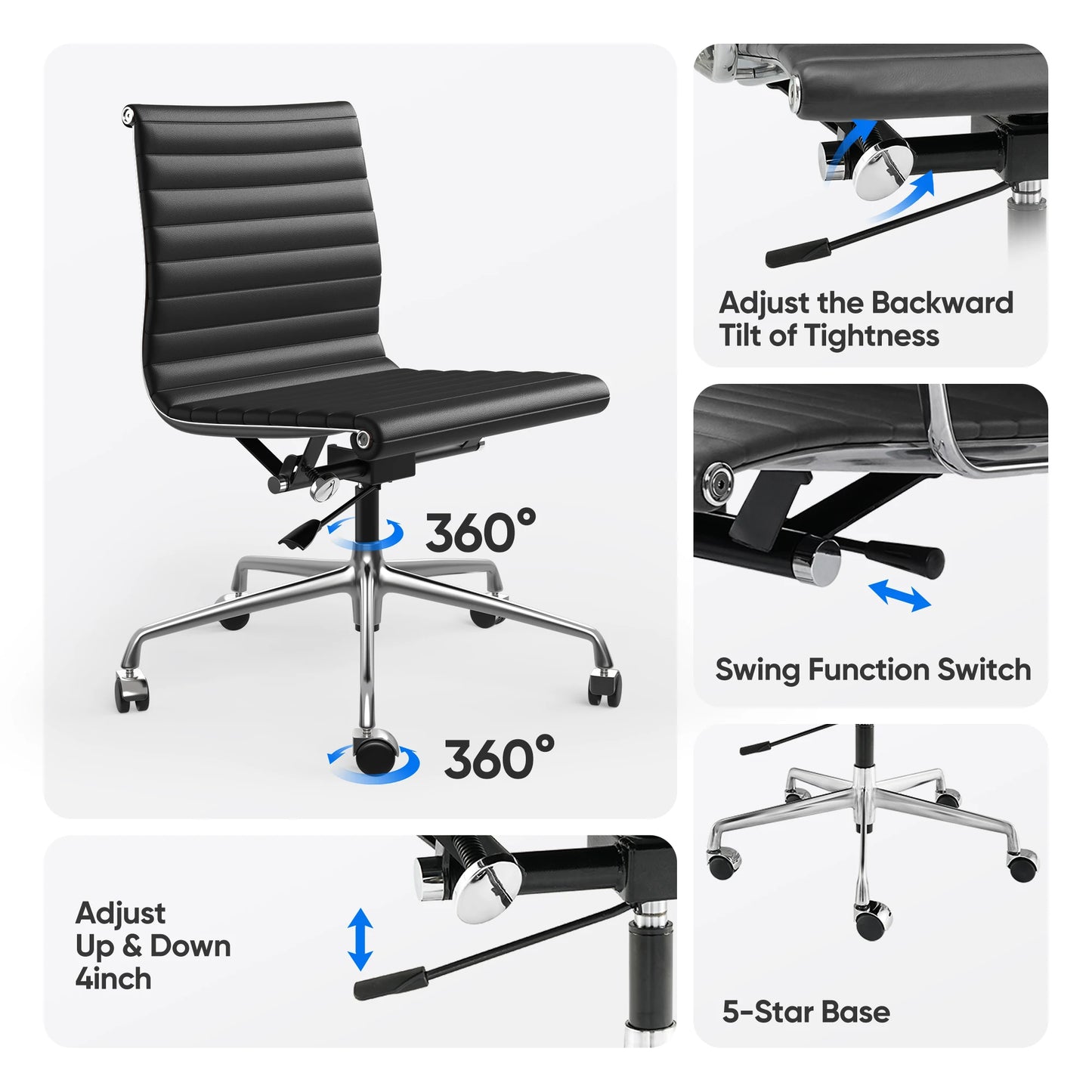 Furgle Modern Low Back Ribbed Armless Executive Swivel Office Chair With Top Grain Leather