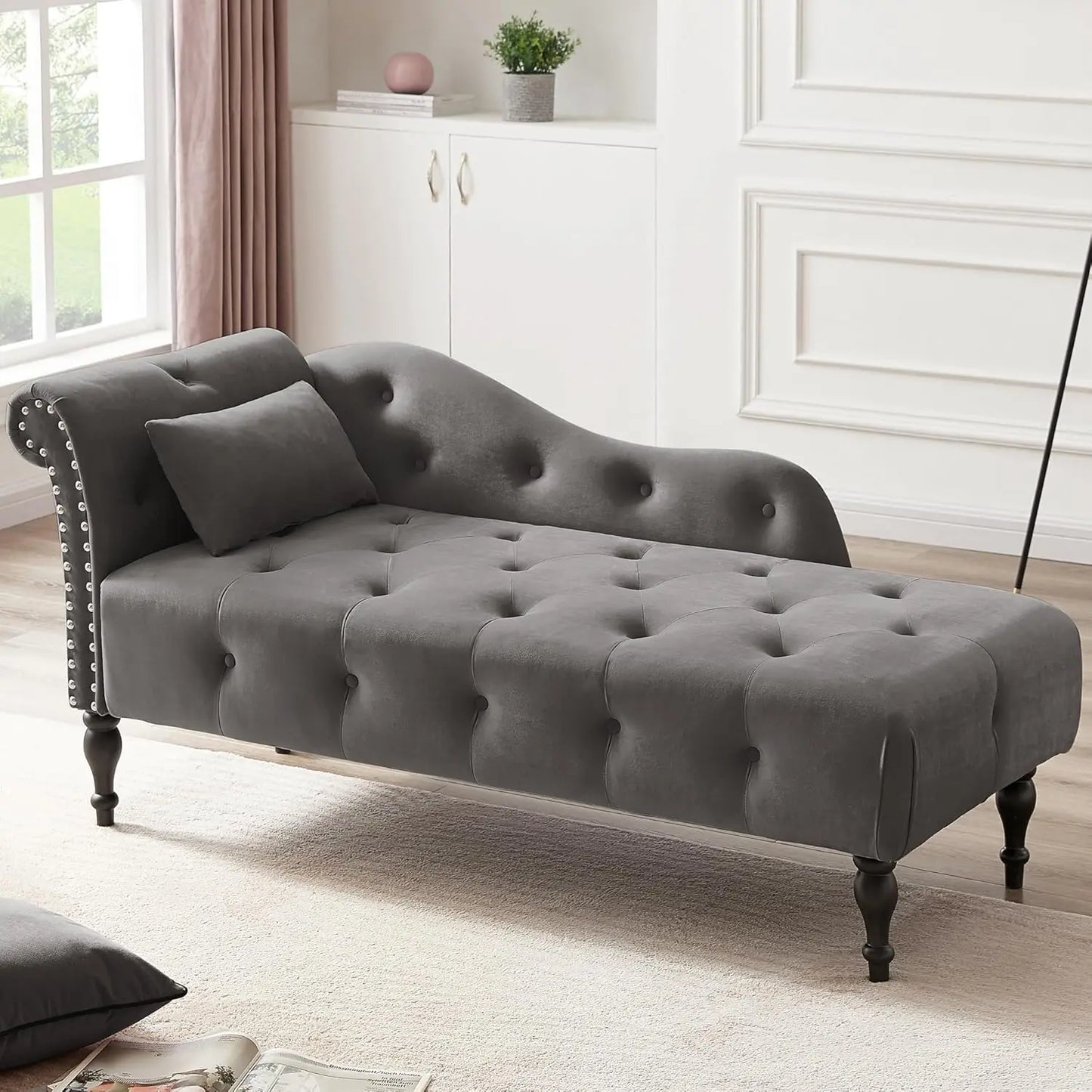 Huanzhuang Modern Velvet Upholstered Chaise Lounge With Button Tufting And Solid Wood Legs
