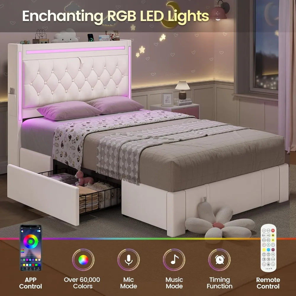 LED Bed Frame With Storage Drawers And Charging Station