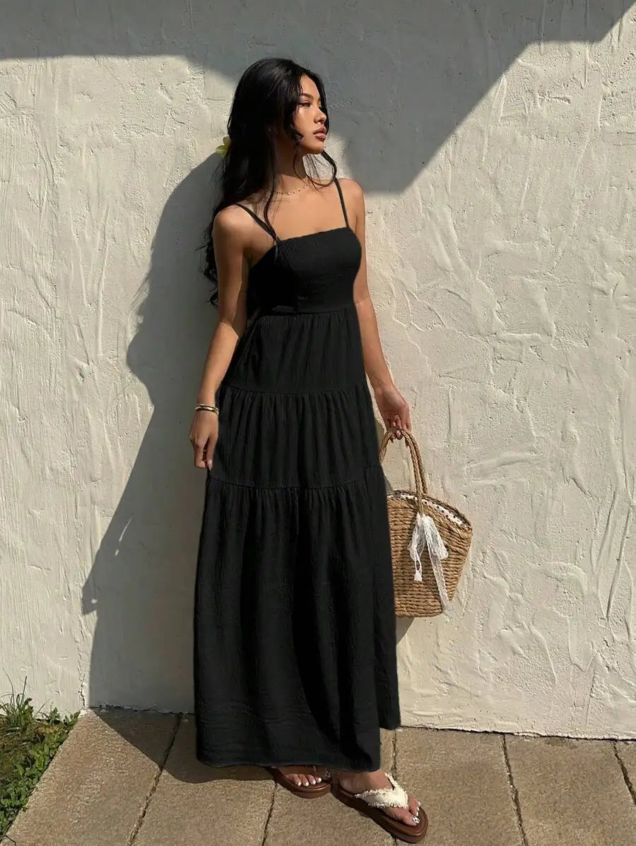 Textured Tiered Camisole Maxi Dress With Adjustable Straps