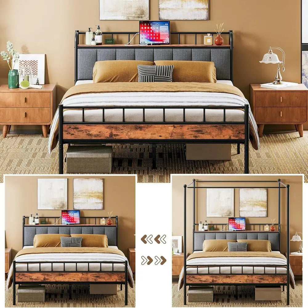LIKIMIO Canopy Bed Frame Queen With Storage Headboard Charging Station
