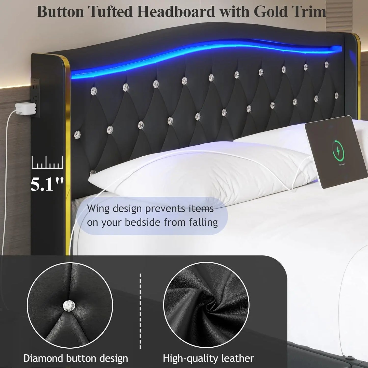 Wingback Upholstered Platform Bed With RGB LED Lights And Storage