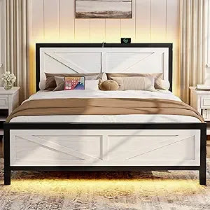 MKDK Bed Frame With Barn Door Headboard LED Lighting