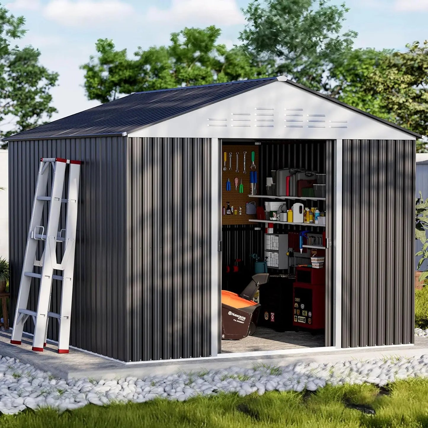 Outdoor Metal Storage Shed With Sliding Door For Backyard
