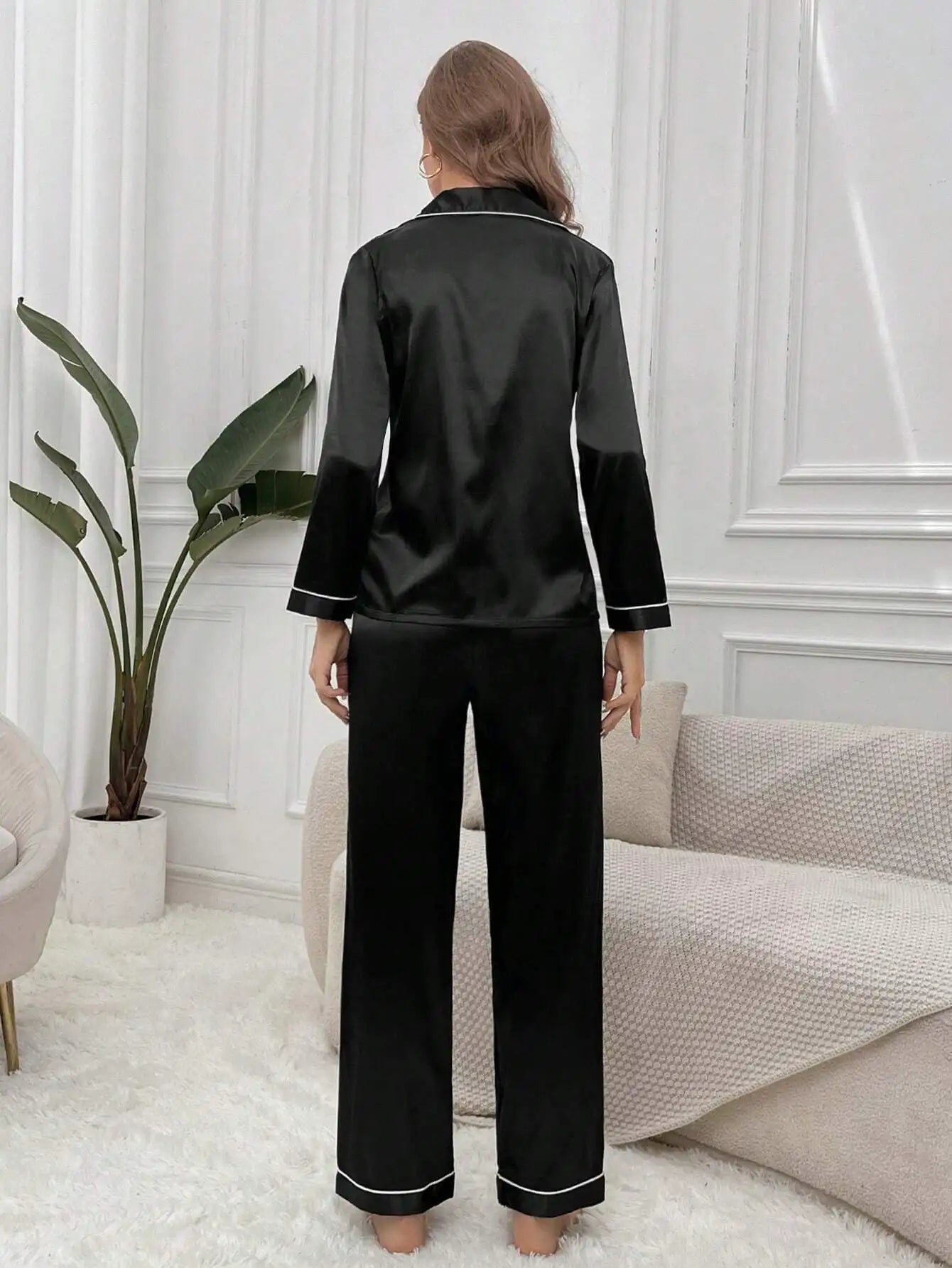 Silky Satin Pajama Set With Piping Button Front Top