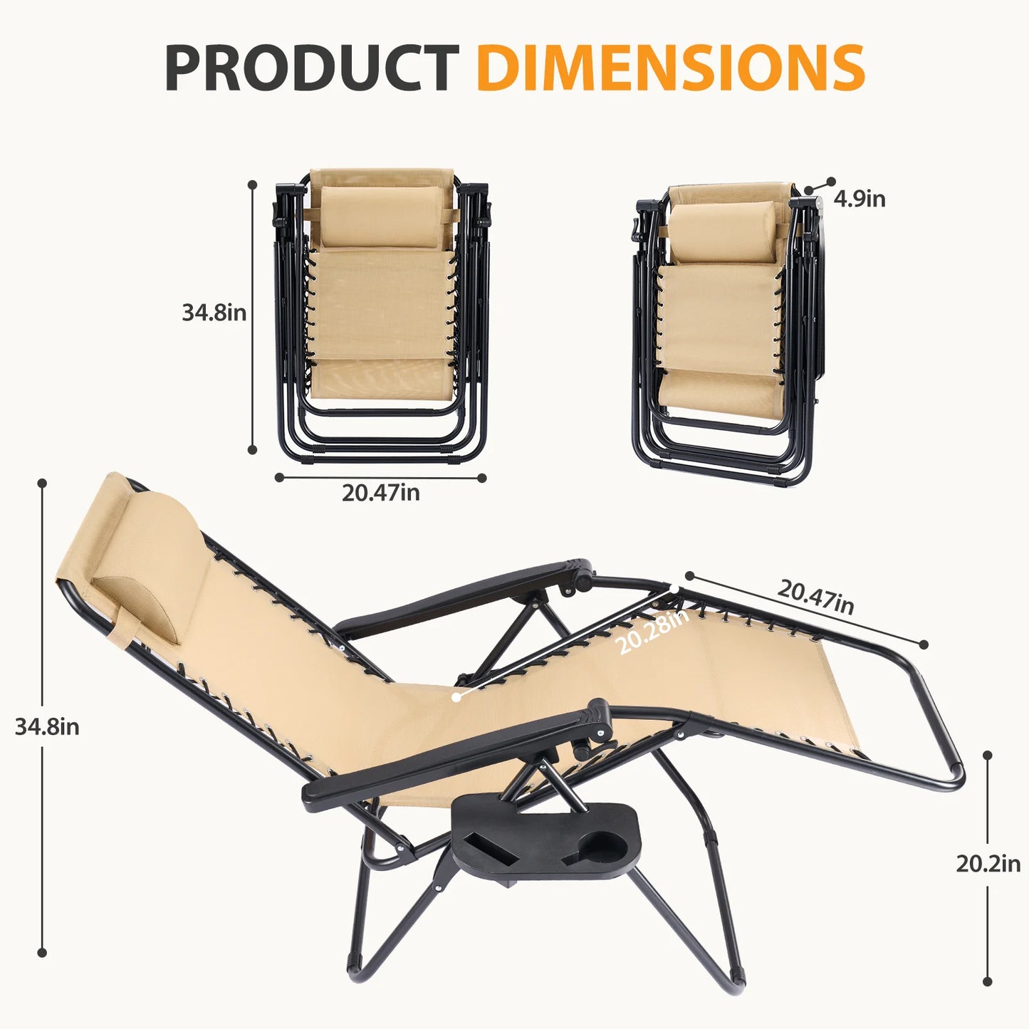 JHK Portable Zero Gravity Recliners Set Of 2 With Cup Holder Trays