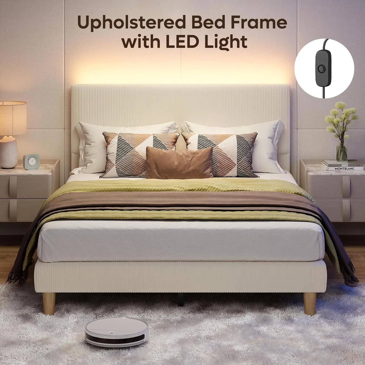 Platform Bed Frame With LED Headboard And Wooden Slats