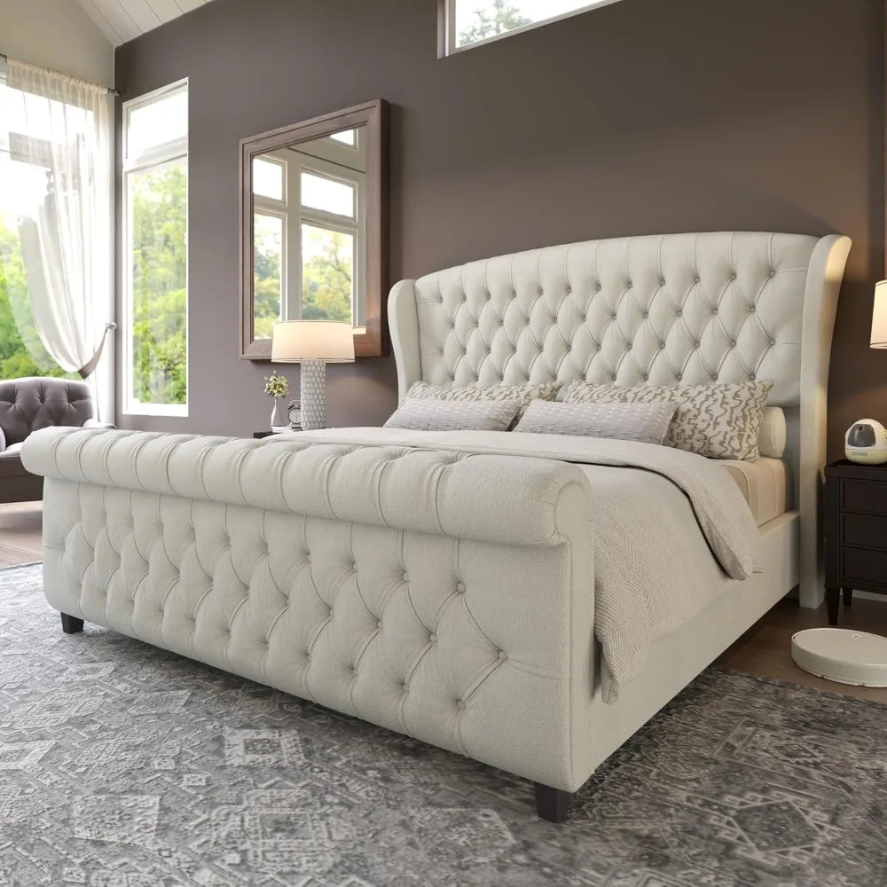 Velvet Upholstered Platform Bed Frame With Scroll Headboard And Footboard