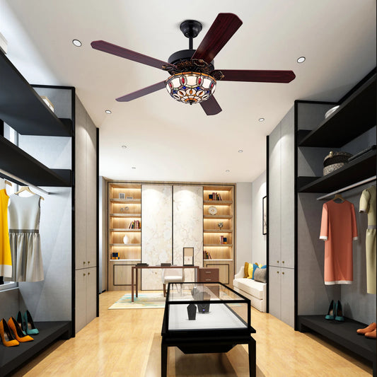 Bymaocar Elegant Tiffany Wooden Ceiling Fan With Three Lights And Remote Control