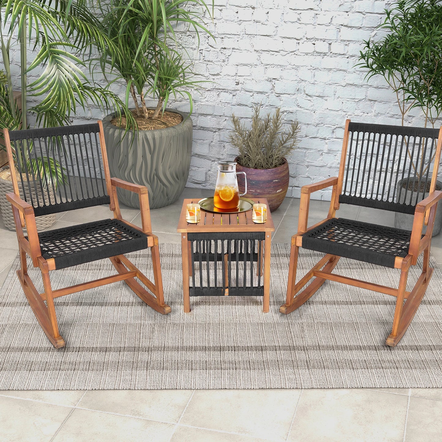 HOMASIS Patio Acacia Wood Bistro Table and Rocking Chair Set