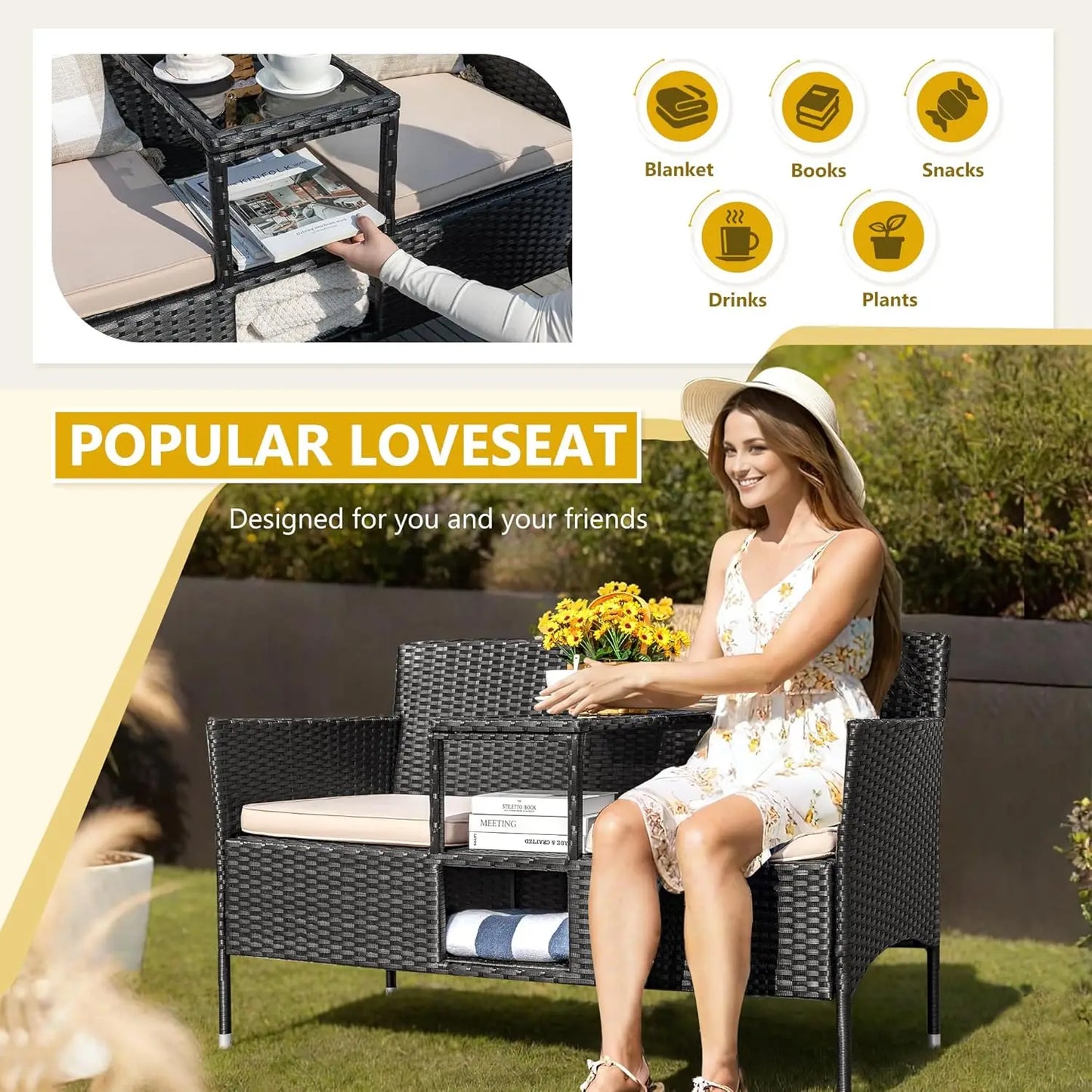 Folded Outdoor Patio Loveseat Modern Rattan 2 Seat Table Set