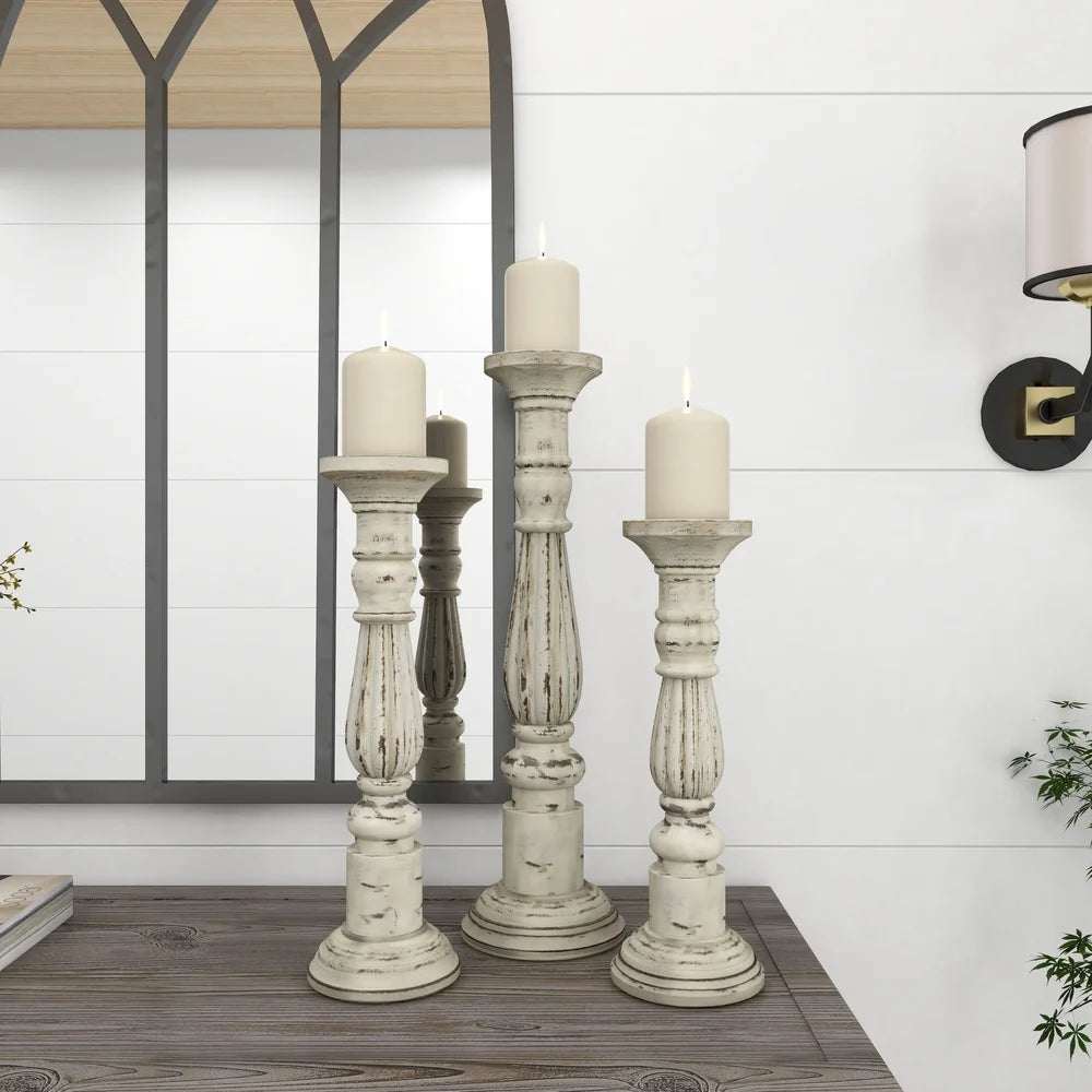 Mango Wood Candle Holders Set of 3 Hand Carved Pillar Stands