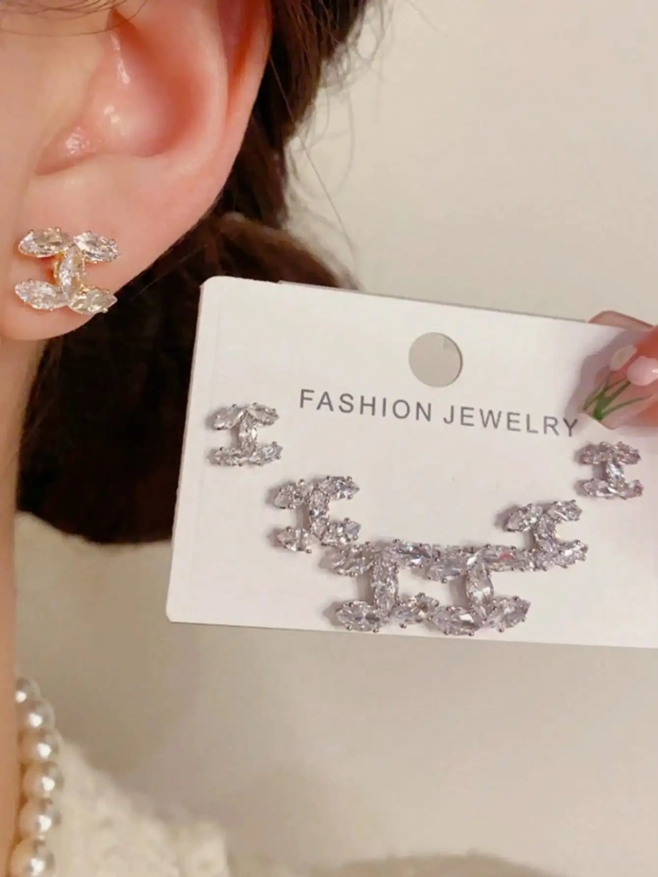 NONE Double C Zirconia Stud Earrings For Women Daily Wear