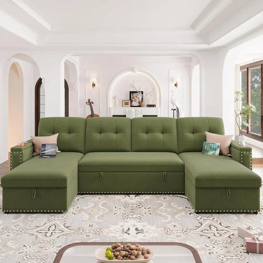 Velvet U Shape Sectional Sofa With LED Light USB Ports