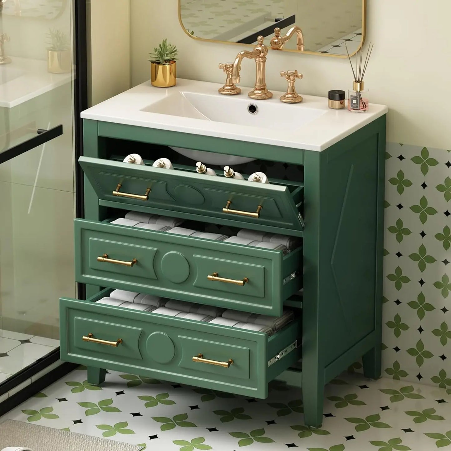 Solid Wood Bathroom Vanity With Ceramic Sink, Tip-Out Drawers