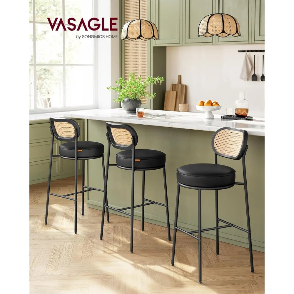 Rattan Backrest Bar Stools Set of 2 With Metal Legs