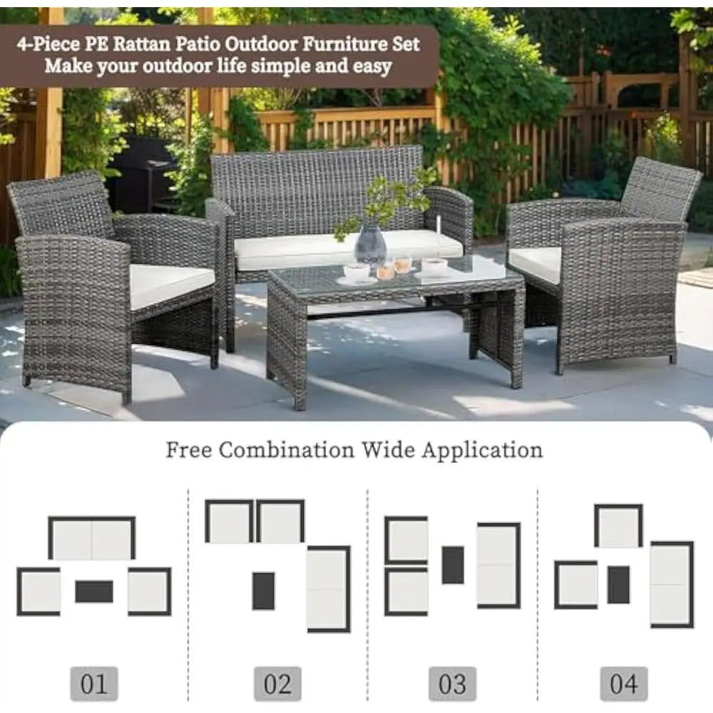 Folded Rattan Patio Set 4 Piece Outdoor Furniture Cushions