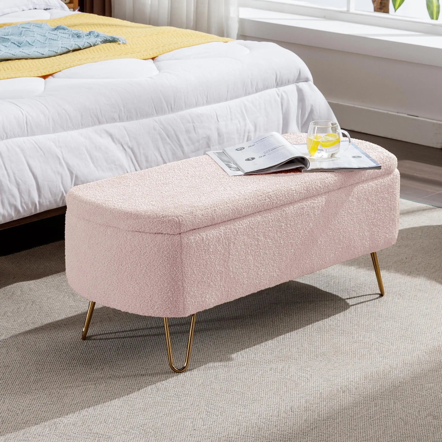 TODRAN LuxuriouslyCrafted Boucle Sherpa Upholstered Storage Ottoman Bench Gold Legs