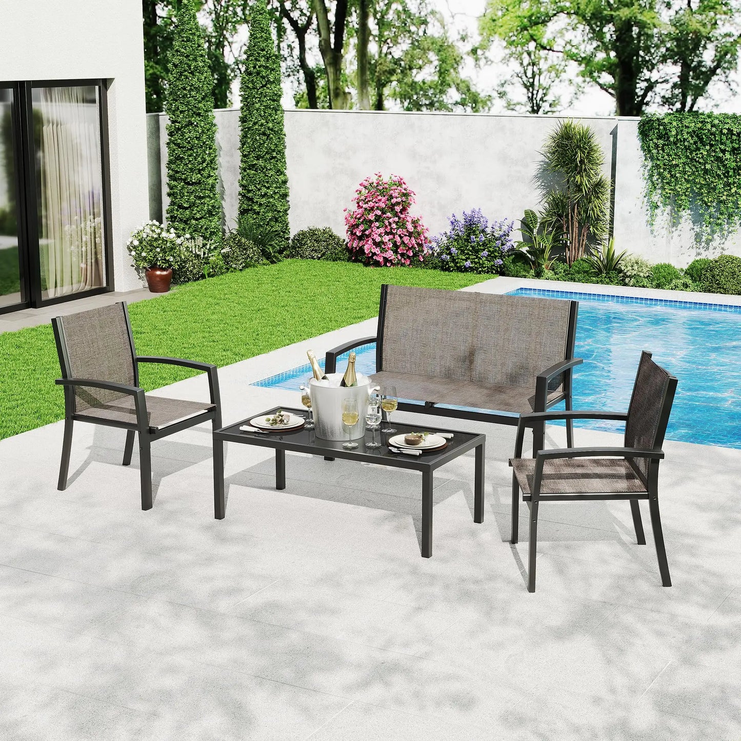 HobbyLane Modern 4-Piece Metal Patio Set With Textilene Mesh