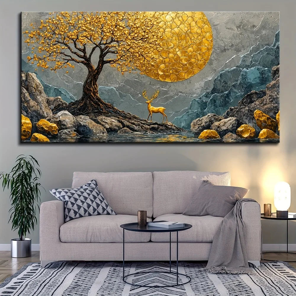 Hign-concerned Pine Wood Frame Abstract Yellow Tree And Deer Wall Art