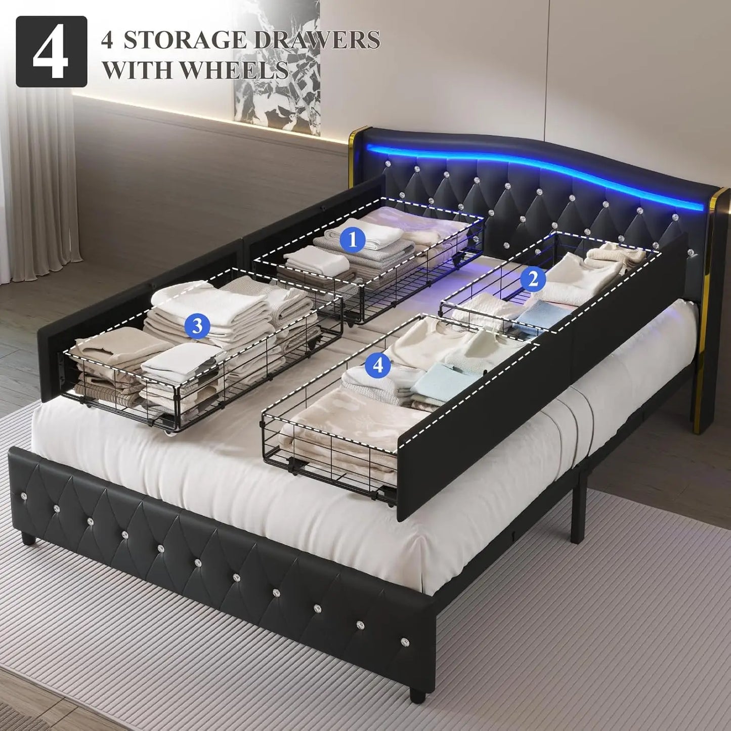 Wingback Upholstered Platform Bed With RGB LED Lights And Storage