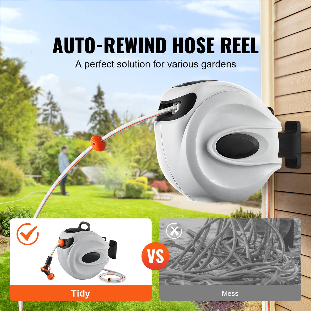 SucceBuy Automatic Rewind Wall Mounted Garden Hose Reel Spray Nozzle