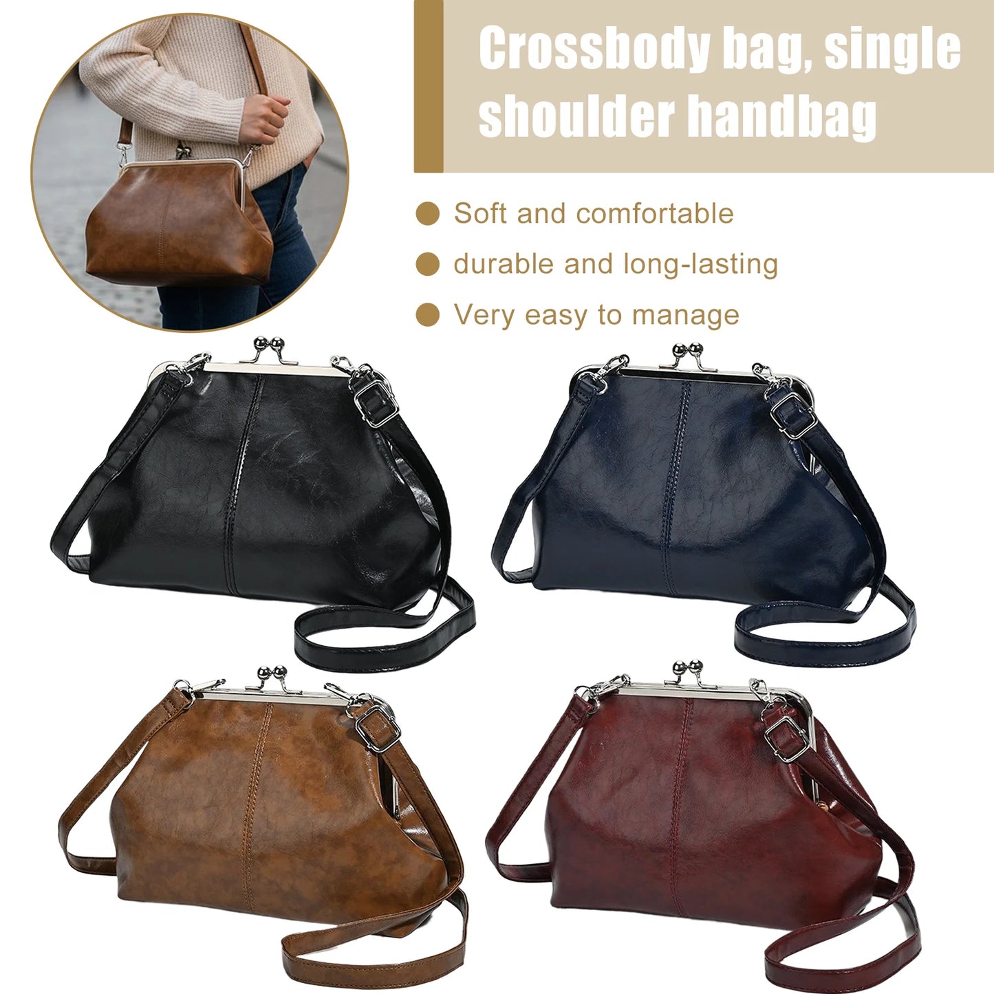 PU Leather Shoulder Bag For Women Adjustable Strap Kiss Lock