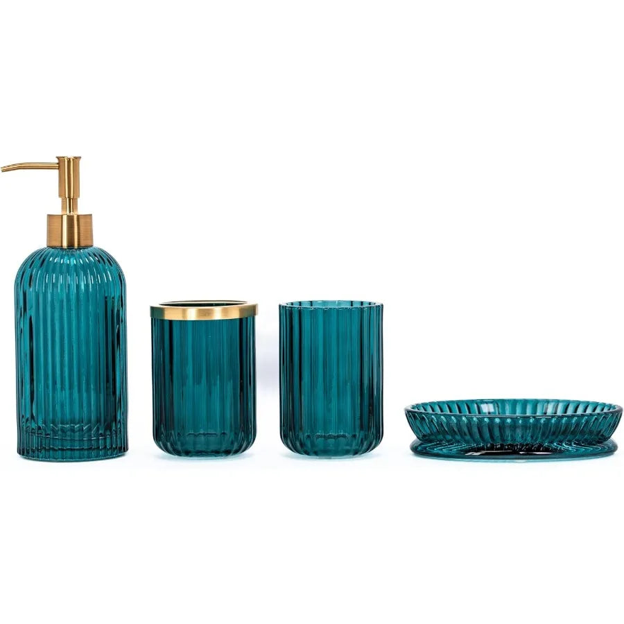 Brushed Metal Patterned Glass Bathroom Accessory Set 4 Piece