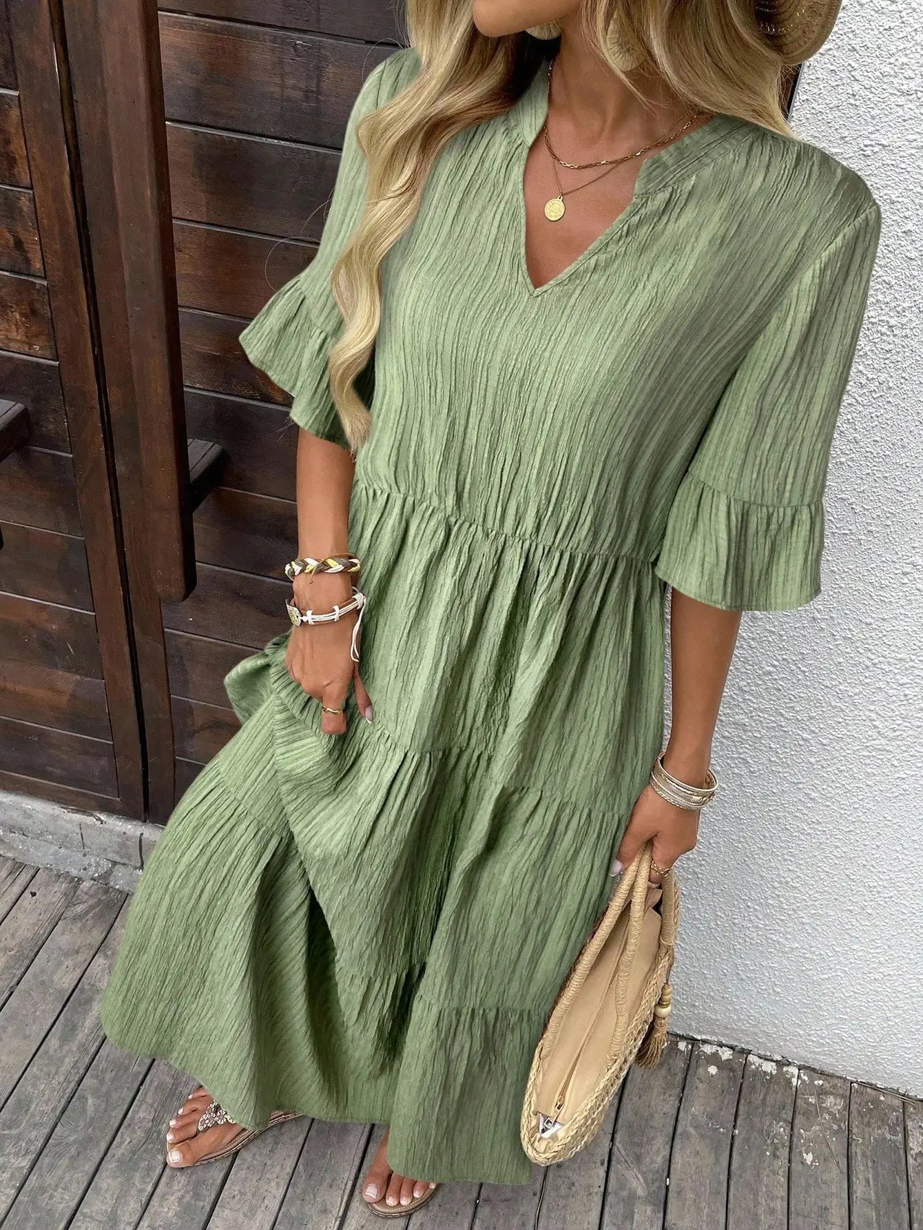 Women's Solid Color Casual Tiered Maxi Dress V-Neck A-Line