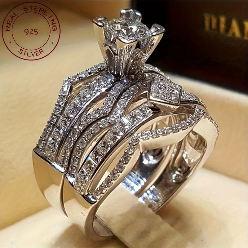 WPOOCC 925 Sterling Wedding Ring Set Halo Vintage Bridal Jewelry