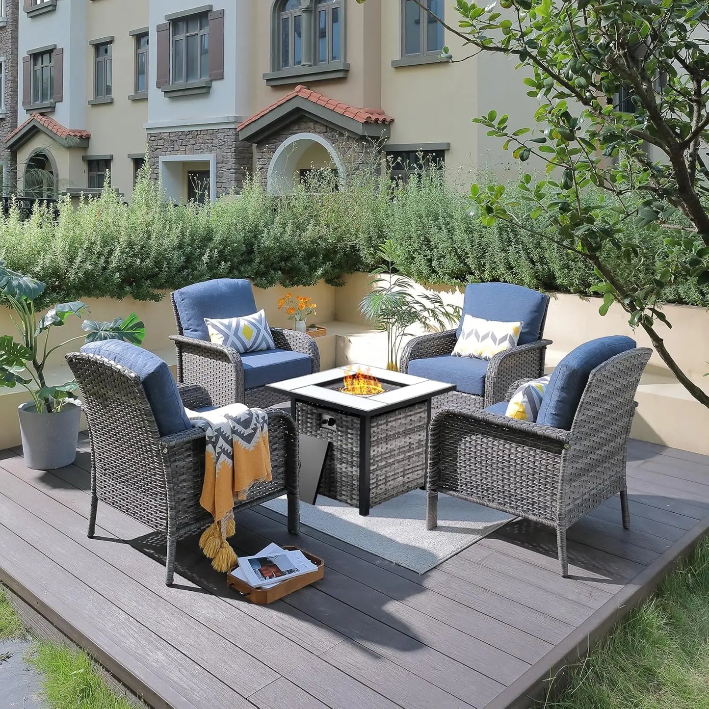 Folded 4-Piece Patio Set With Fire Pit Table And Chairs