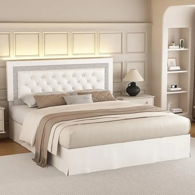 Upholstered Queen Bed Frame With Adjustable Headboard And LED Lights