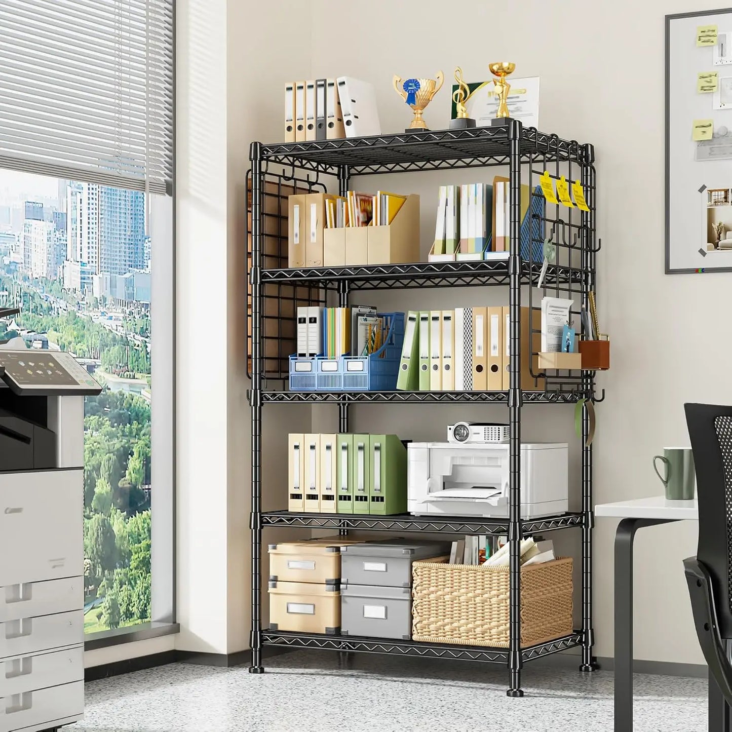 Five Tier Metal Shelving Unit With Side Hanging Net Hooks Adjustable