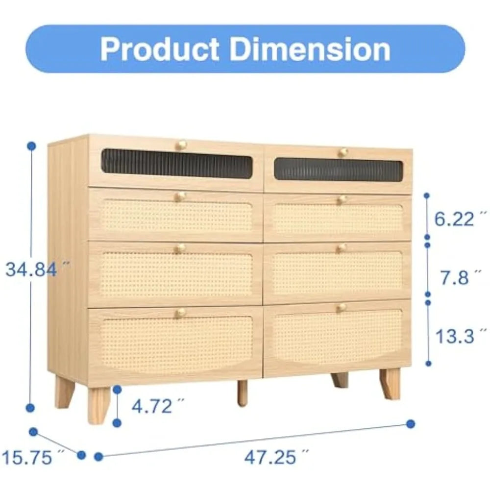 MKDK Rattan Dresser With 8 Drawers And LED Lighting