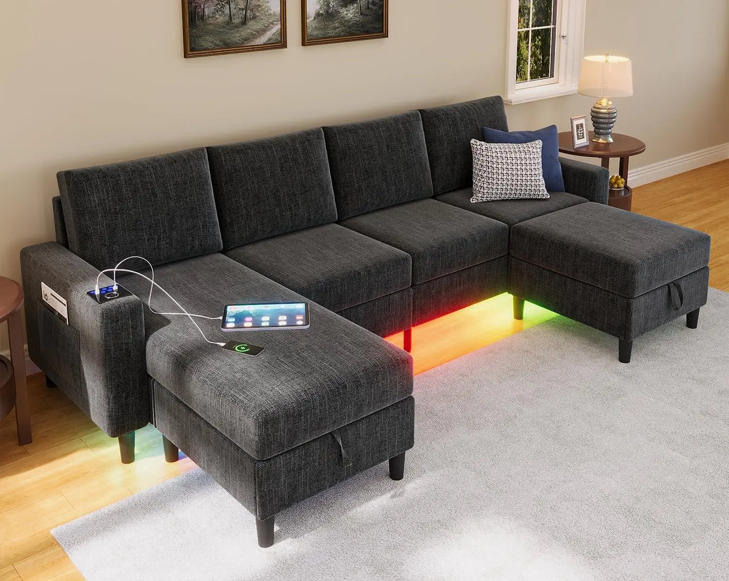 HUANZHUANG Smart Sectional Sofa With RGB Lighting And Charging