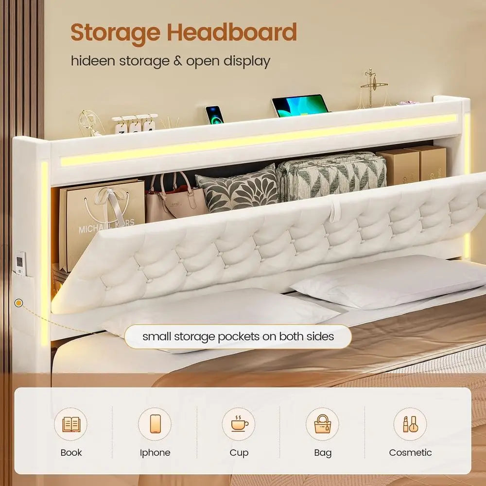 LED Upholstered Bed With 5 Drawers And Charging Station