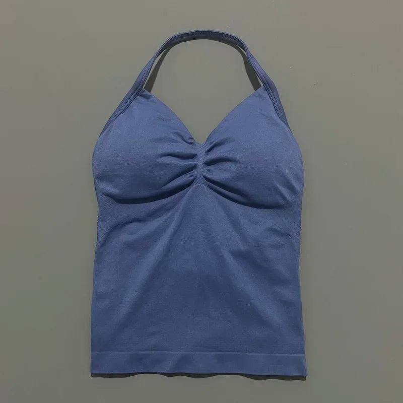 Women Gym Halter Top Longline Strappy Yoga Tank Removable Cups
