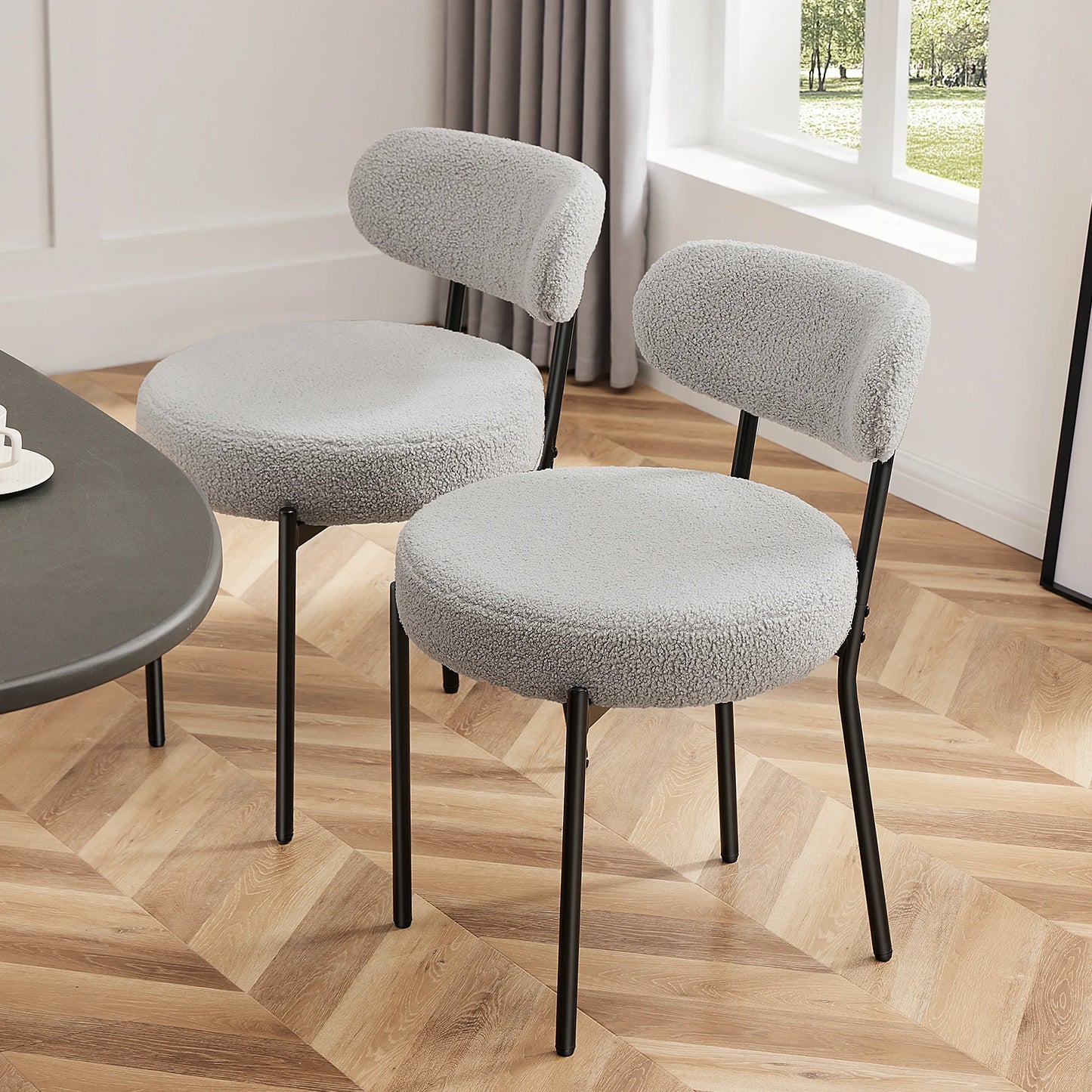 JHK Ergonomic Round Dining Chairs, Plush Fabric, 2-Pack, Metal Legs