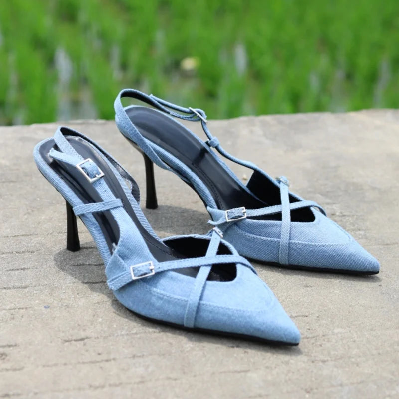 Denim Fashion Pointed Toe Belt Buckle High Heel Sandals