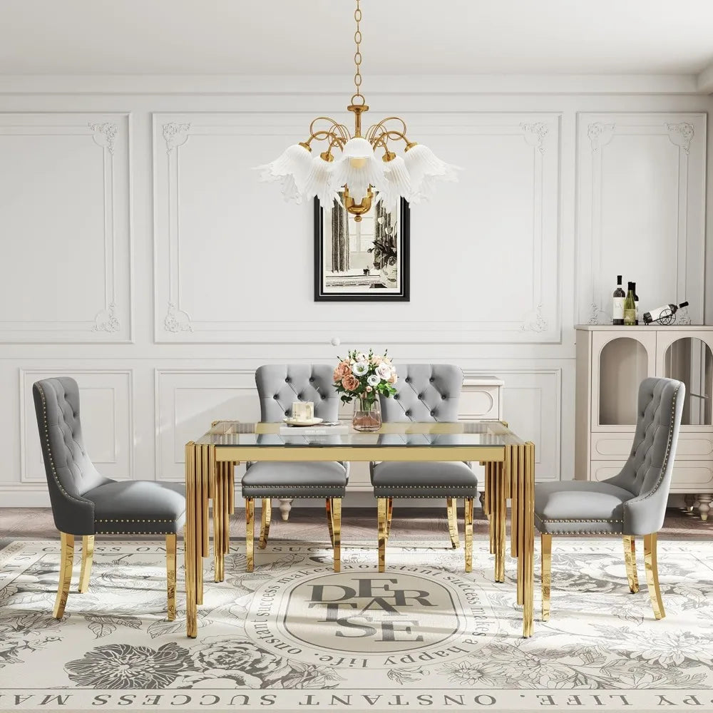 AMHDDT Five-Piece Glass Dining Set for Four with Velvet Chairs