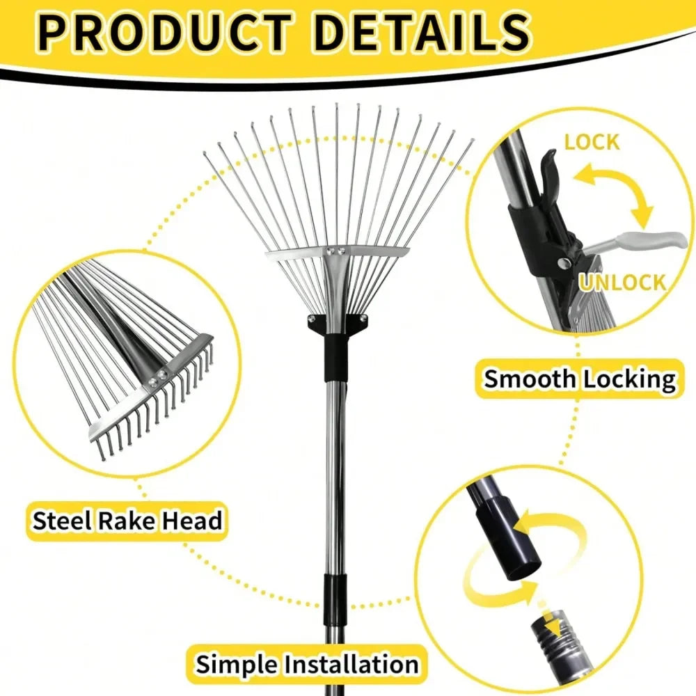 Adjustable Garden Rake With Extendable Head And Long Handle