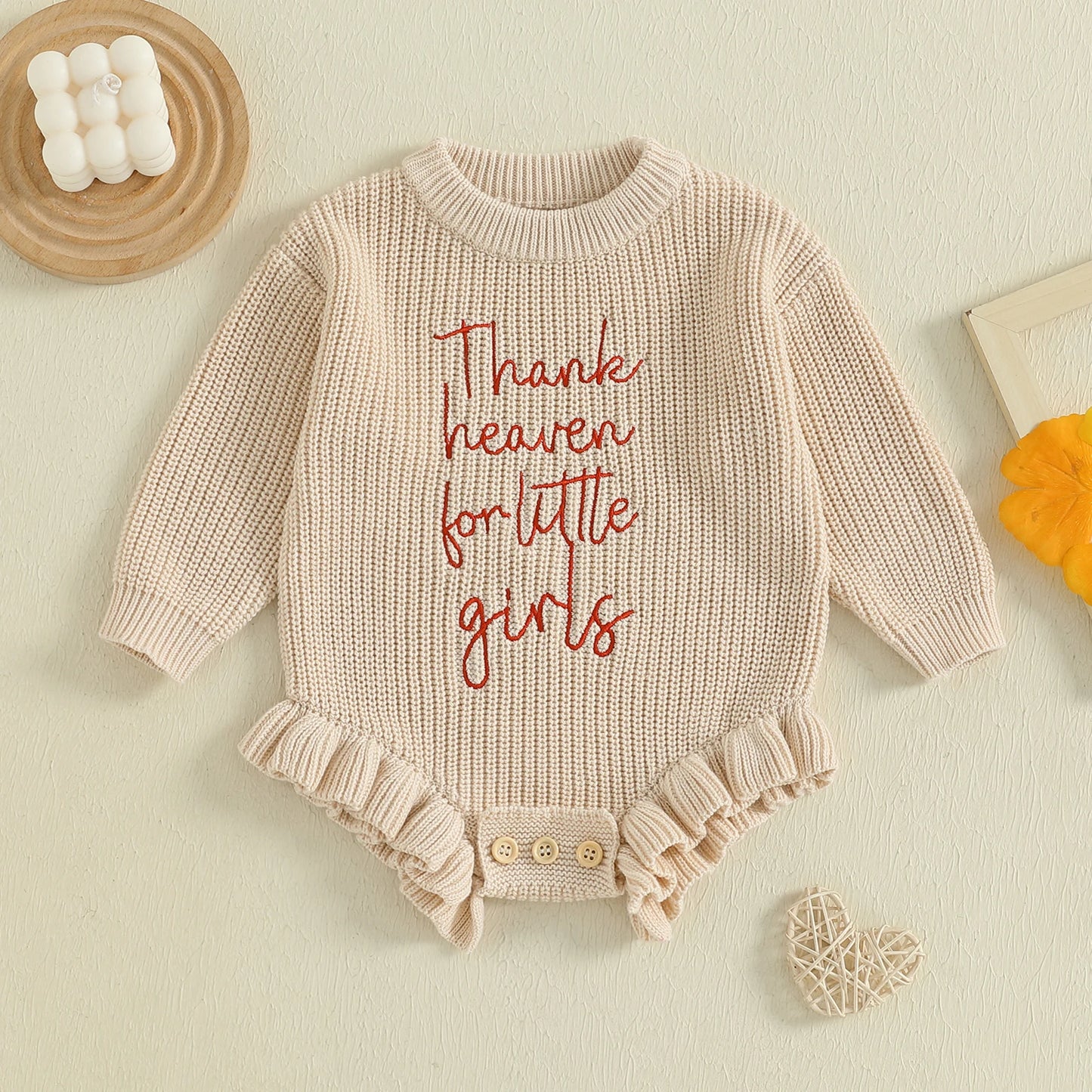 Infant Knit Rompers With Embroidered Flowers And Buttons