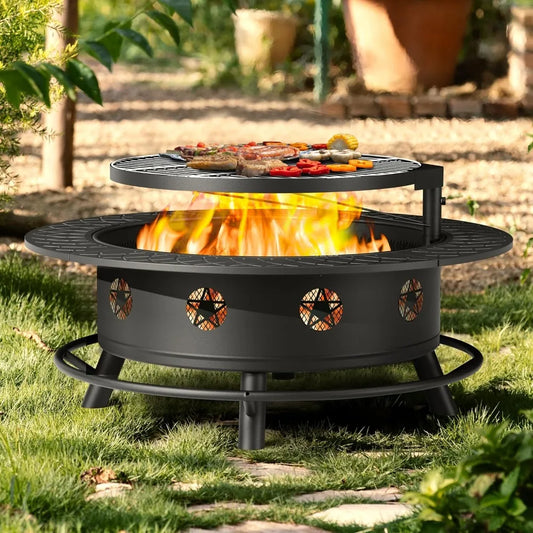 Sunoutl Fire Pit With BBQ Grill Outdoor Wood Burning