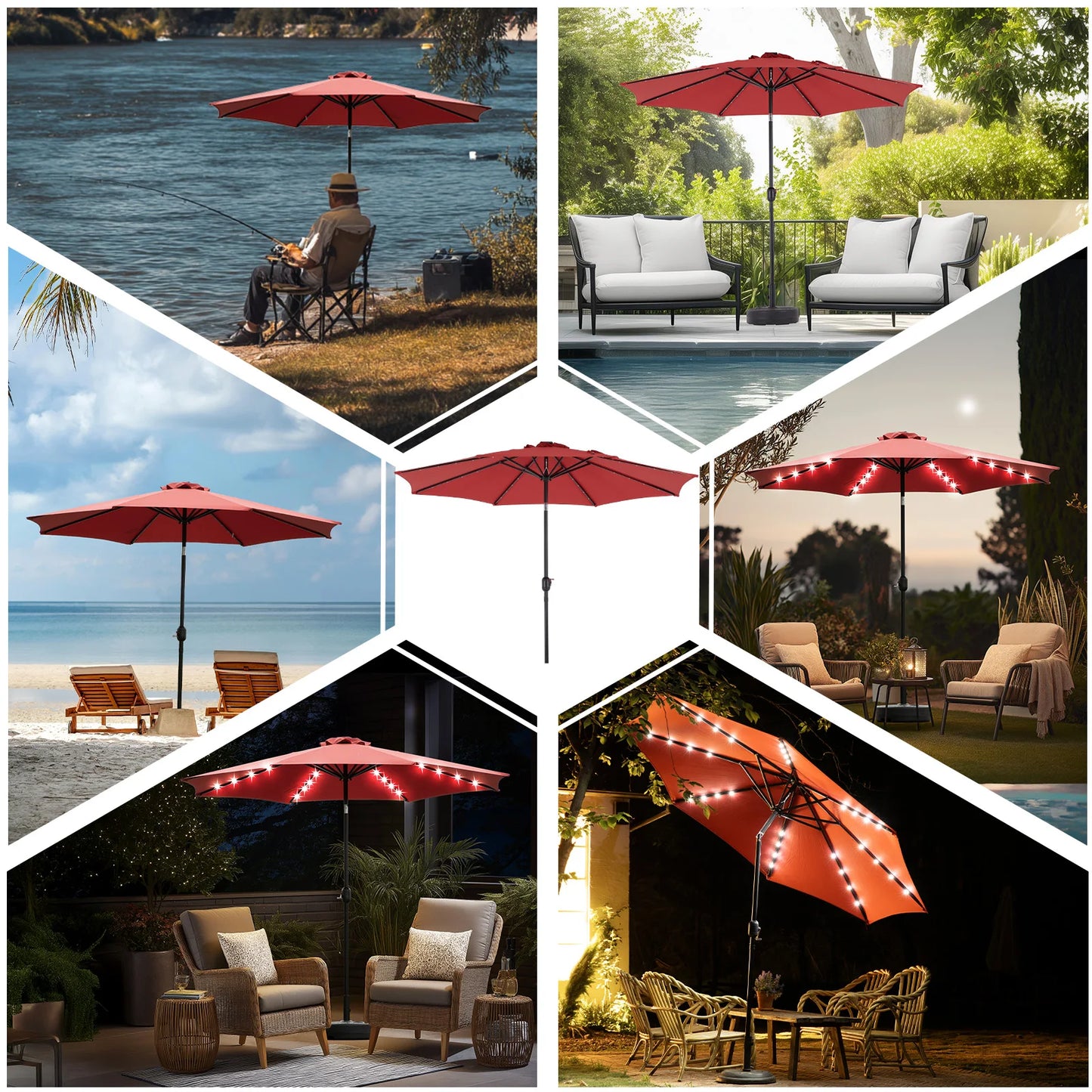 JHK Solar Patio Umbrella With 32 LED Lights UV-Resistant