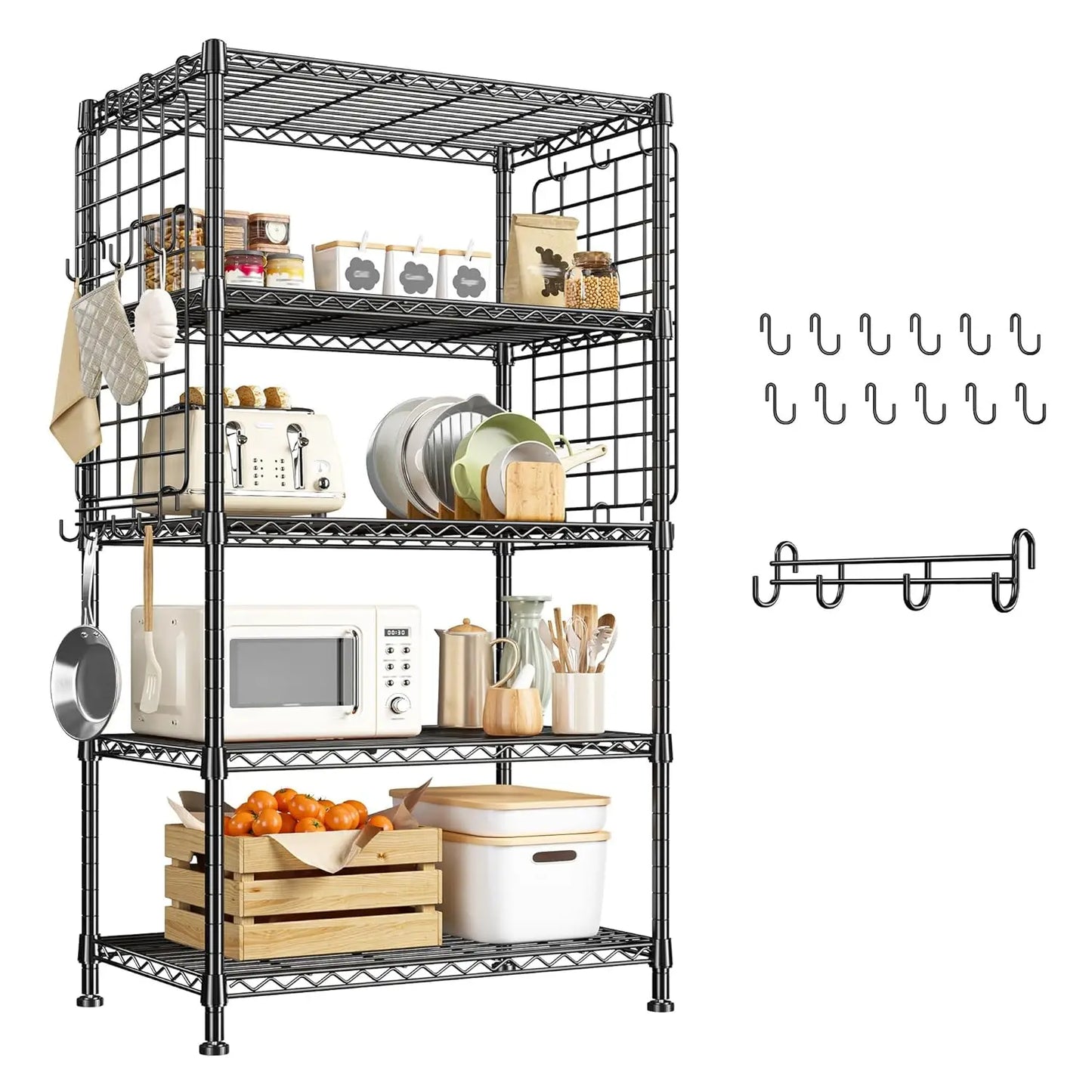 Five Tier Metal Shelving Unit With Side Hanging Net Hooks Adjustable